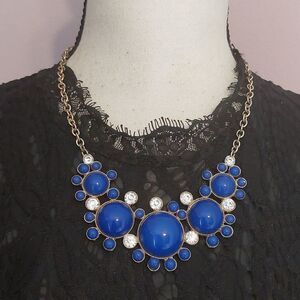 Blue Cabochon Bead Sparkly Rhinestones Silver Tone Bib Necklace